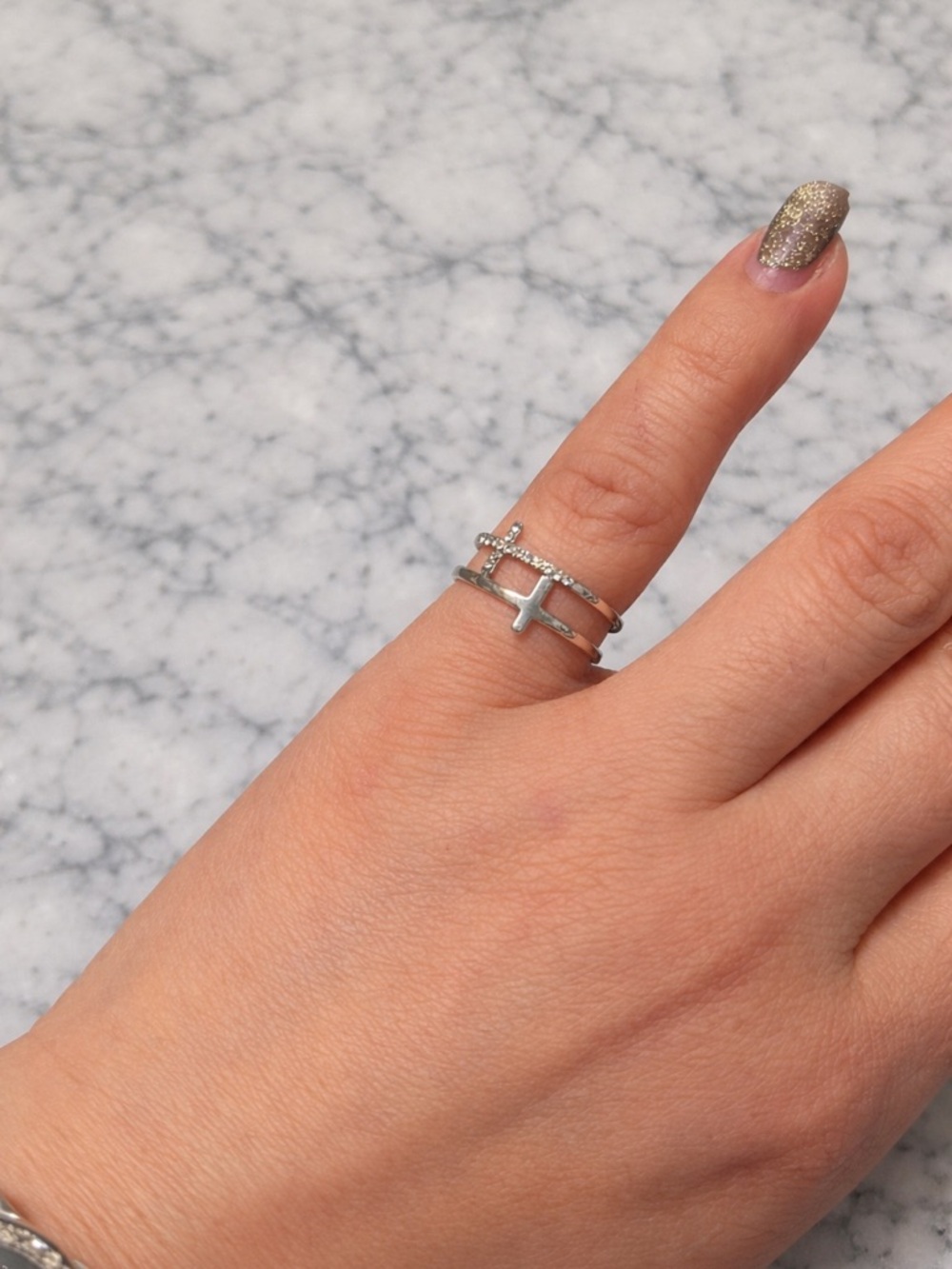 Double Band Cross Ring - white gold plated - Picture 2 of 8